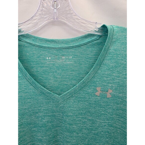 Under Armour Women's S Loose Fit Athletic V-Neck Shirt Heat Gear Teal - Picture 2 of 6